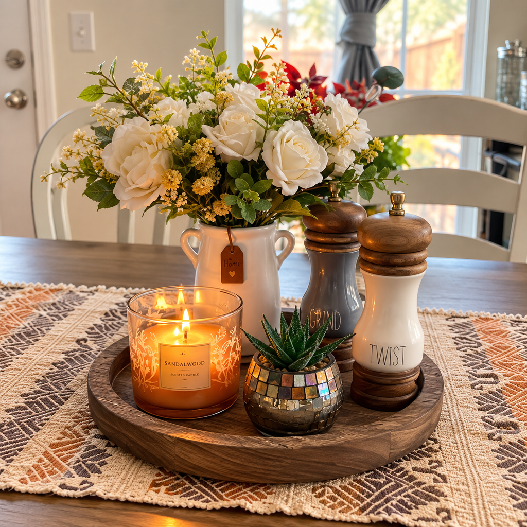 Terra round wooden tray styled as a dining table centerpiece