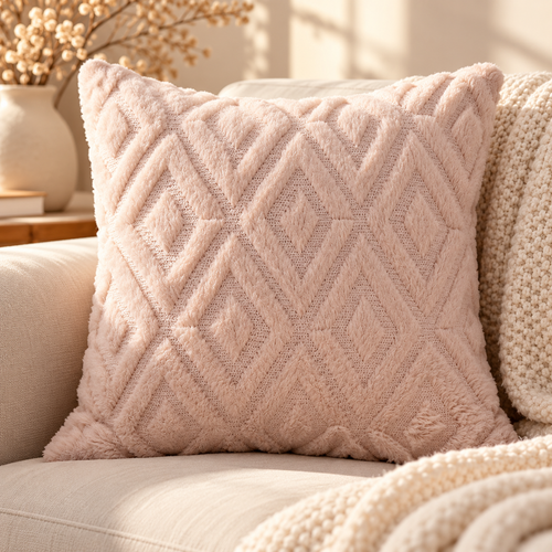 Nest textured diamond pillow cover on a cream sofa