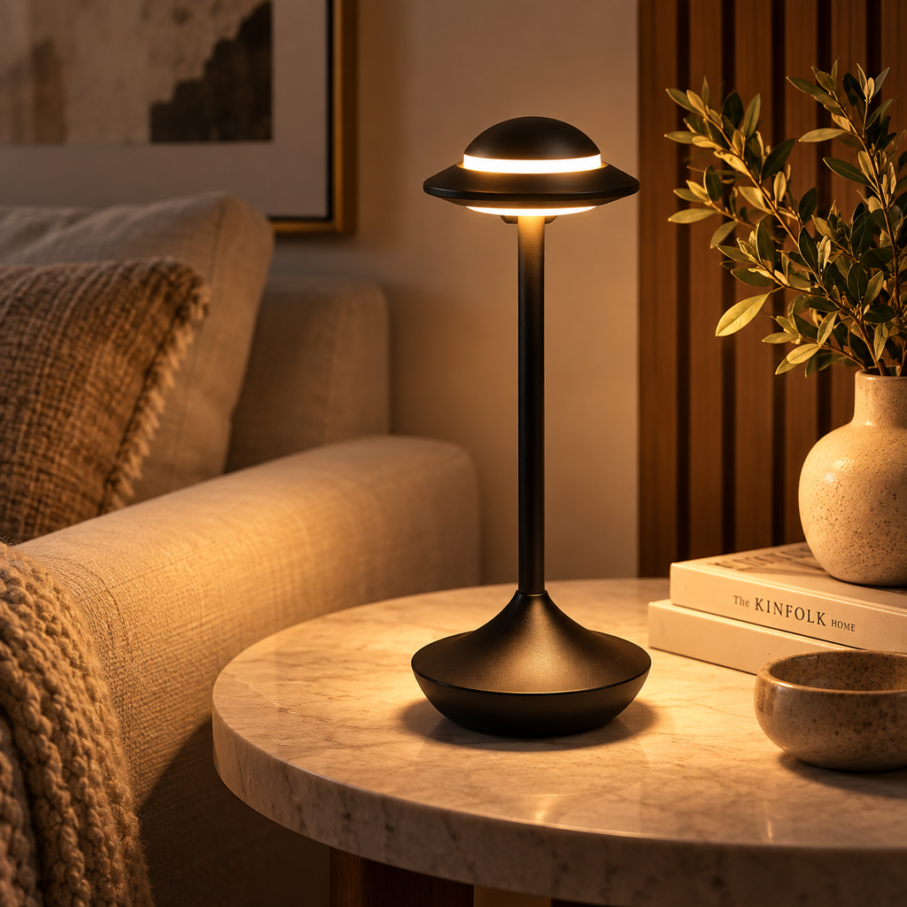 Black Orbit cordless lamp glowing on a living room side table