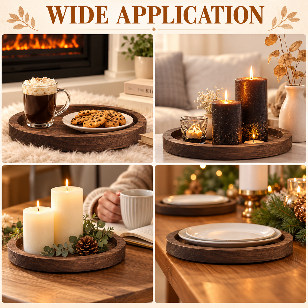 Terra wooden tray styled with candles, mugs and plates