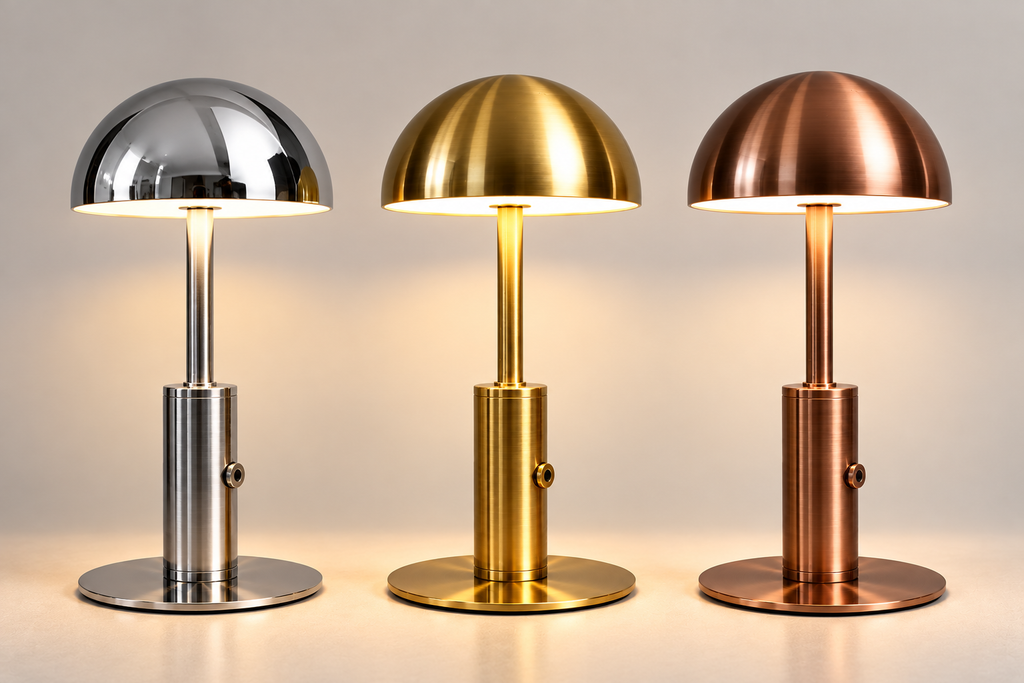 Aura mushroom lamps in chrome, brushed gold and bronze