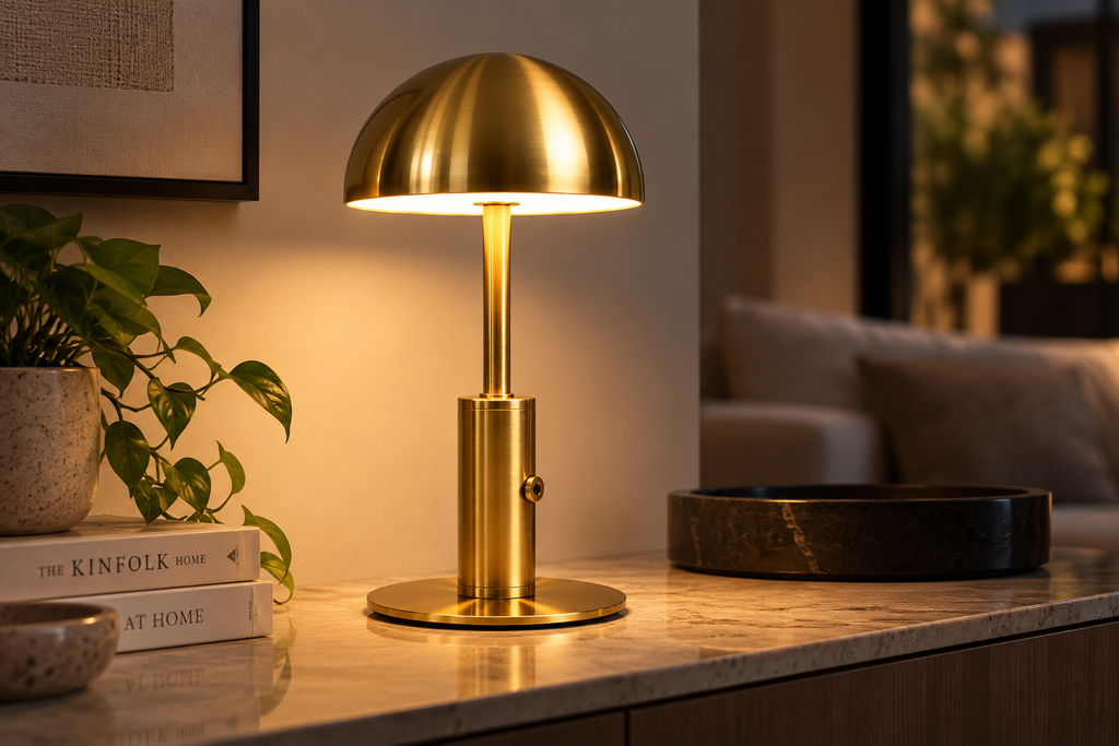 Brushed gold Aura mushroom lamp glowing on a sideboard
