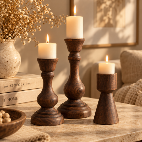 Hearth dark walnut wooden taper candle holders on a tray