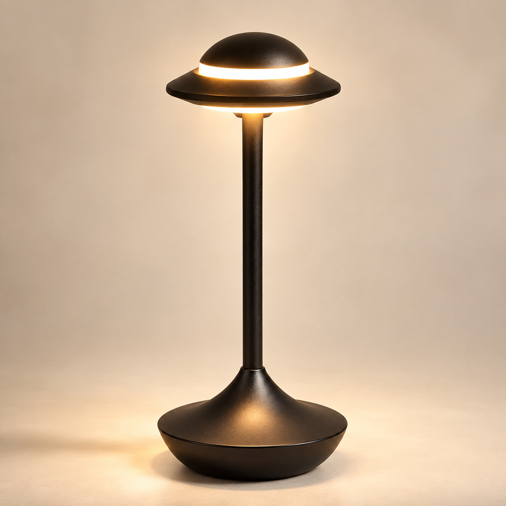 Orbit cordless table lamp in black, lit with warm light