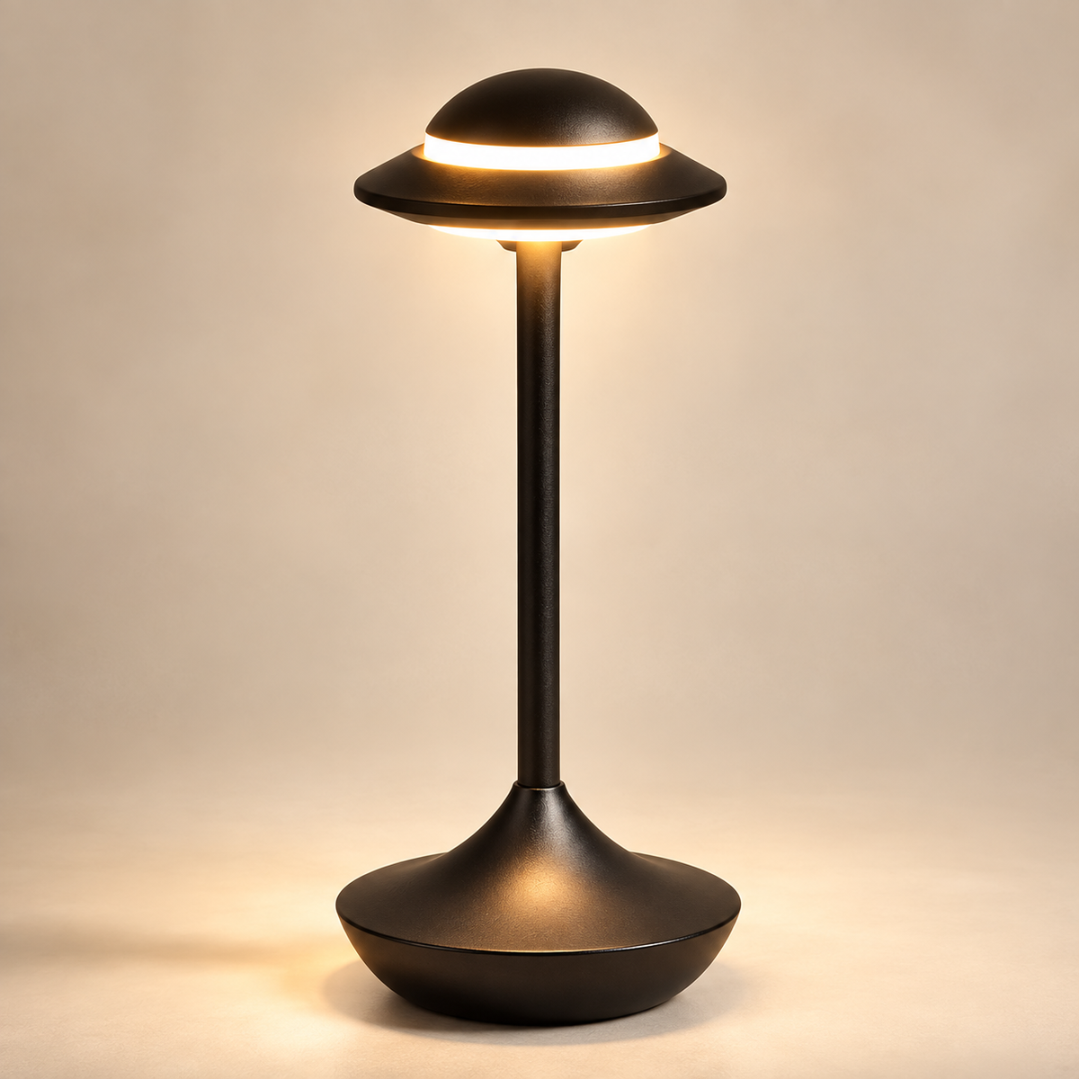Orbit cordless table lamp in black, lit with warm light