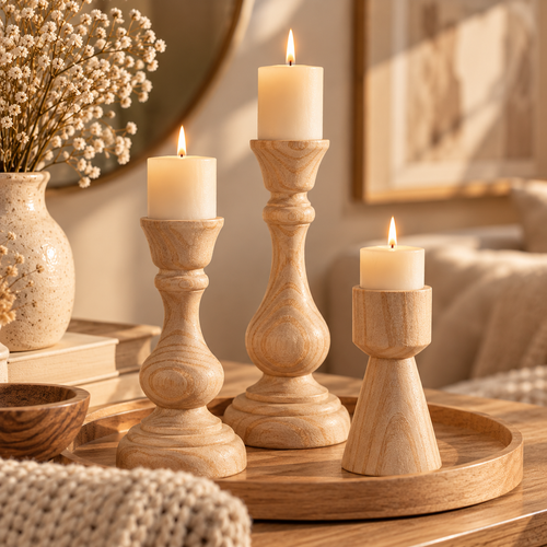 Hearth natural wood taper candle holders on a tray