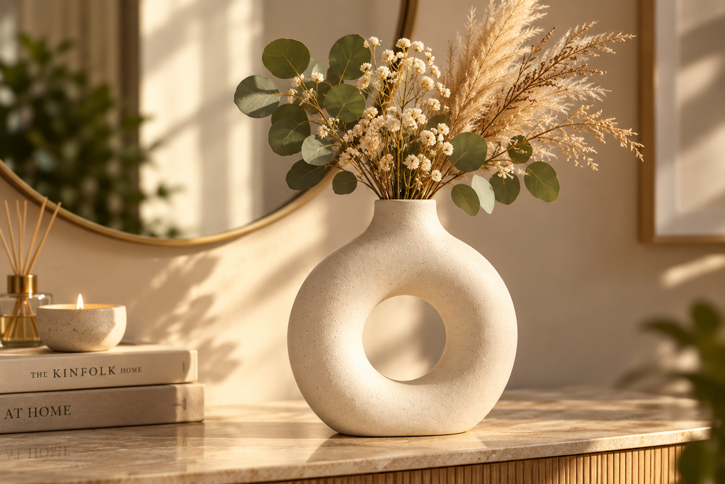 Forma ceramic donut vase styled on a console table