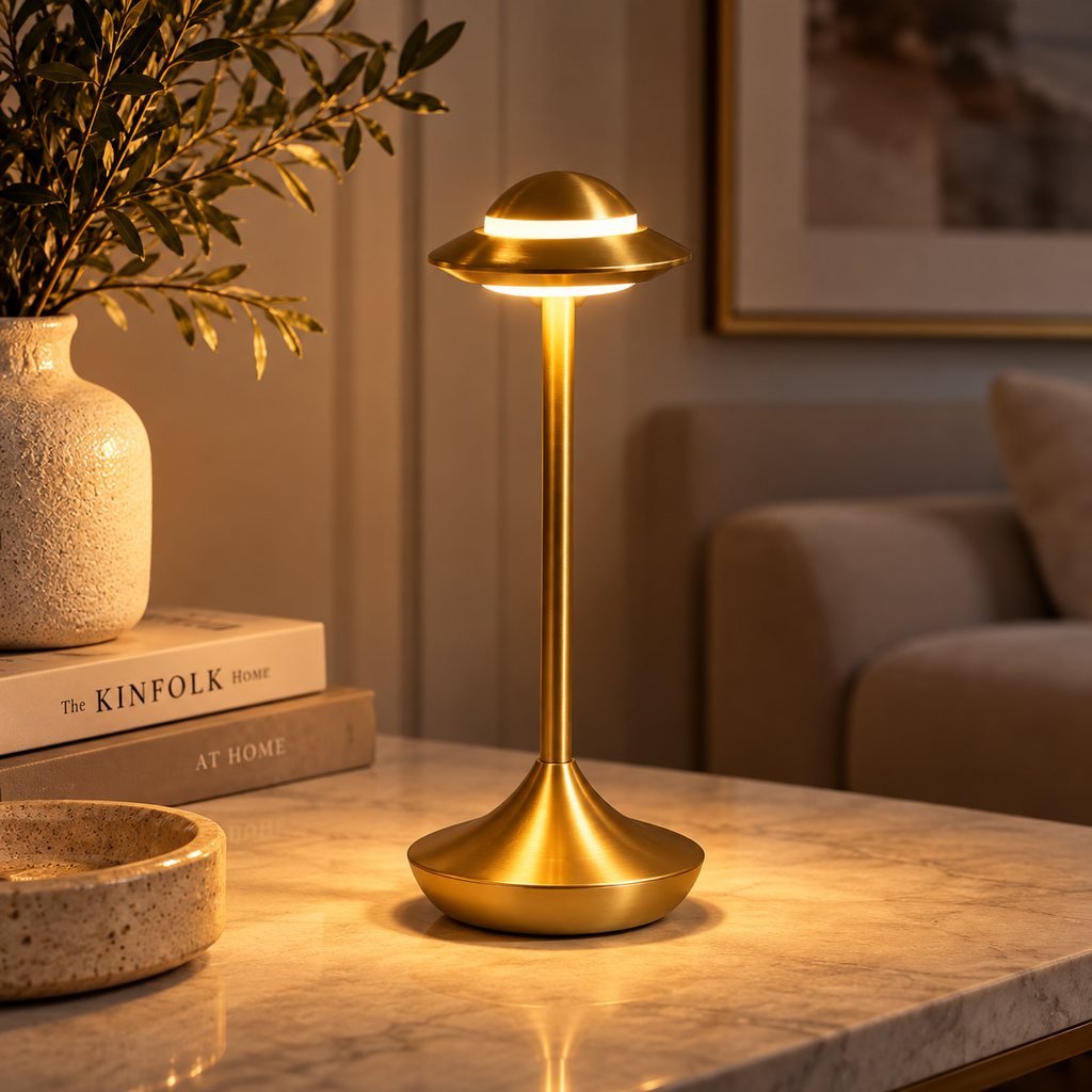 Gold Orbit cordless lamp glowing on a side table beside a sofa