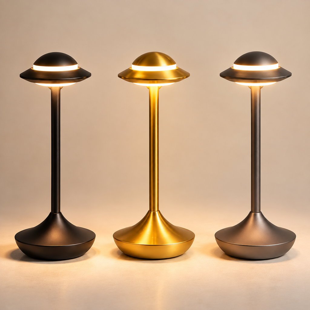 Orbit rechargeable table lamps in black, gold and gray